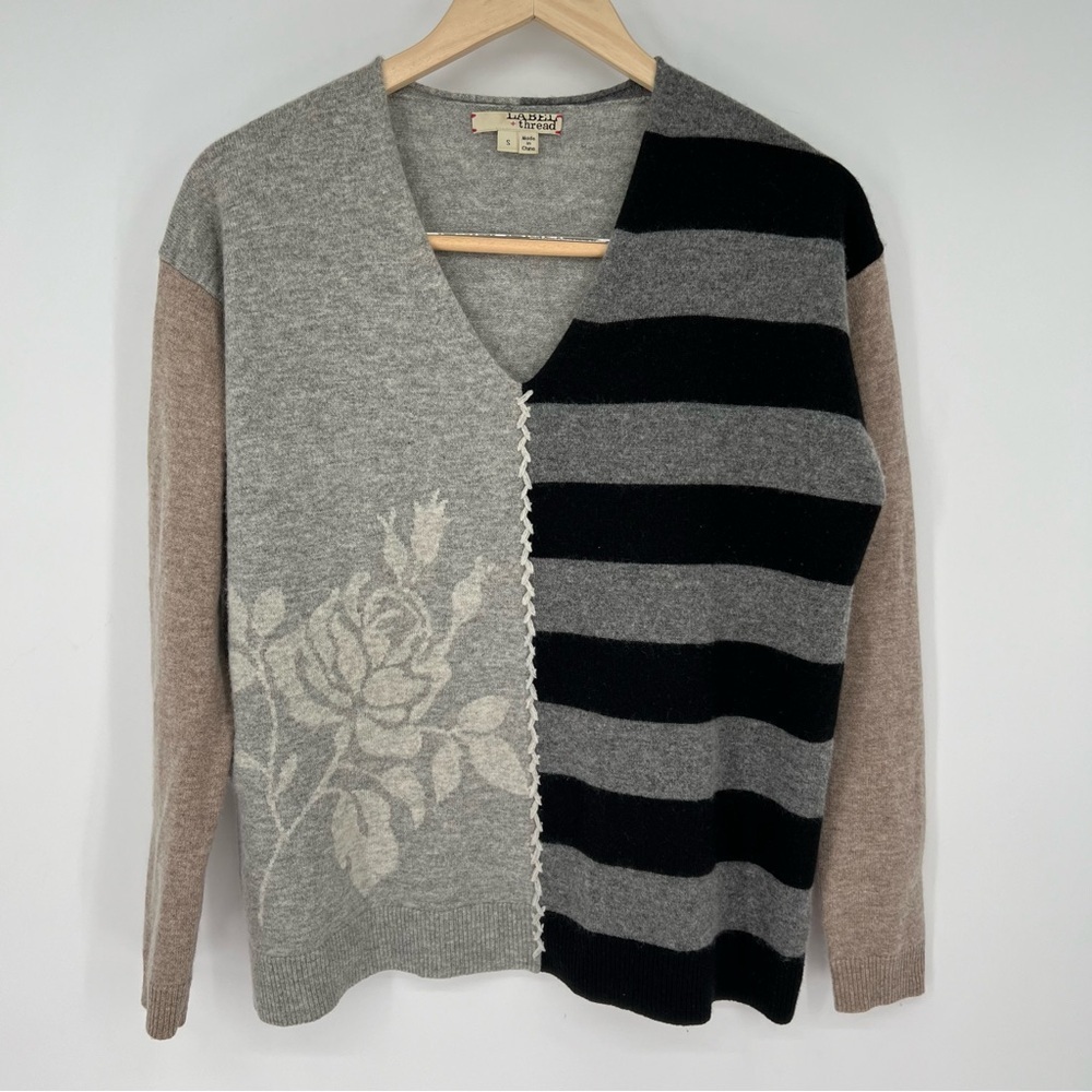 Label + Thread Cashmere Wool Patchwork Thread Striped Floral‎ Colorblock Sweater - Picture 2 of 9